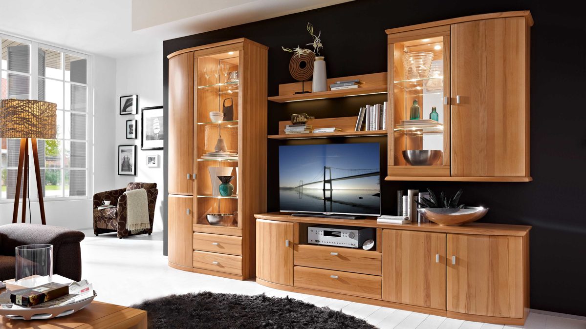 Wohnwand Rietberger möbelwerke | rmw aus Holz in Holzfarben Vermont Wohnkombination Kernbuche – Breite ca. 330 cm