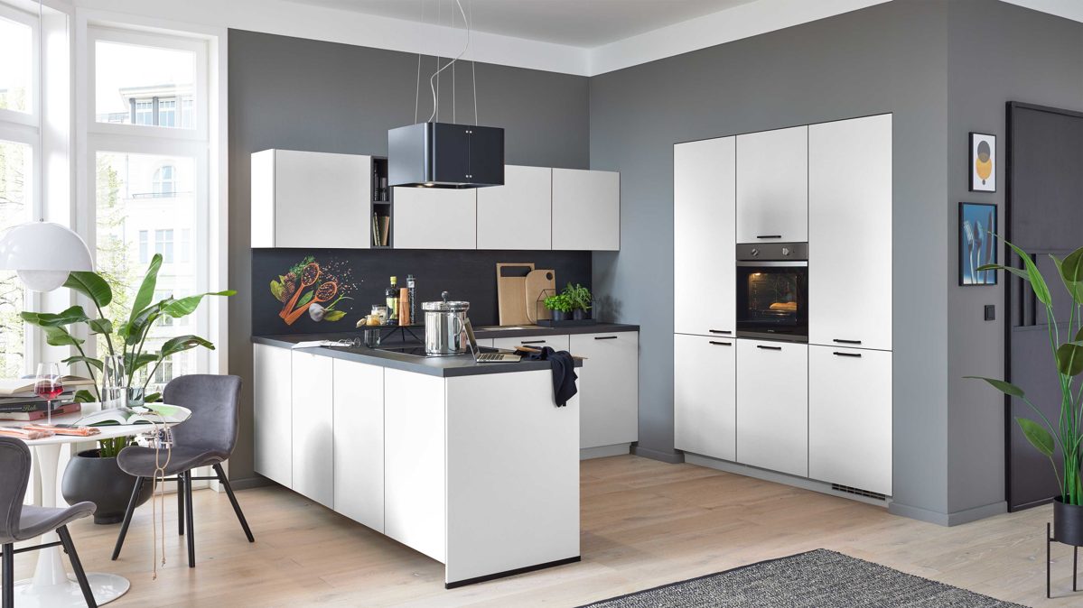Einbauküche culineo® aus Holz in Weiß Culineo® Einbauküche C615 mit Einbaugeräten Weiß & Schiefergrau - Stellfläche ca. 245 x 246 cm