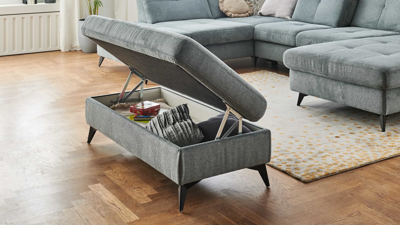 Funktionshocker modulmaster aus Stoff in Blau Modulmaster Serie MM-MP1206 - XXL-Funktionshocker stahlfarbenes Flachgewebe Cyber & schwarze Metallfüße – ca. 129 x 64 cm