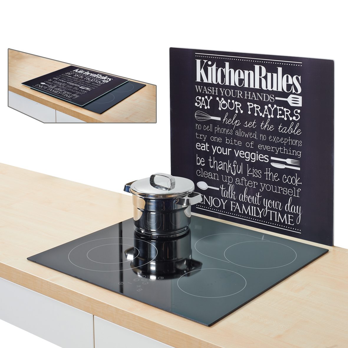 Schneidbrett Zeller present aus Glas in Schwarz Rückwandschutz & Herd-Abdeckplatte schwarzes Glas mit Kitchen Rules-Motiv - ca. 56 x 50 cm