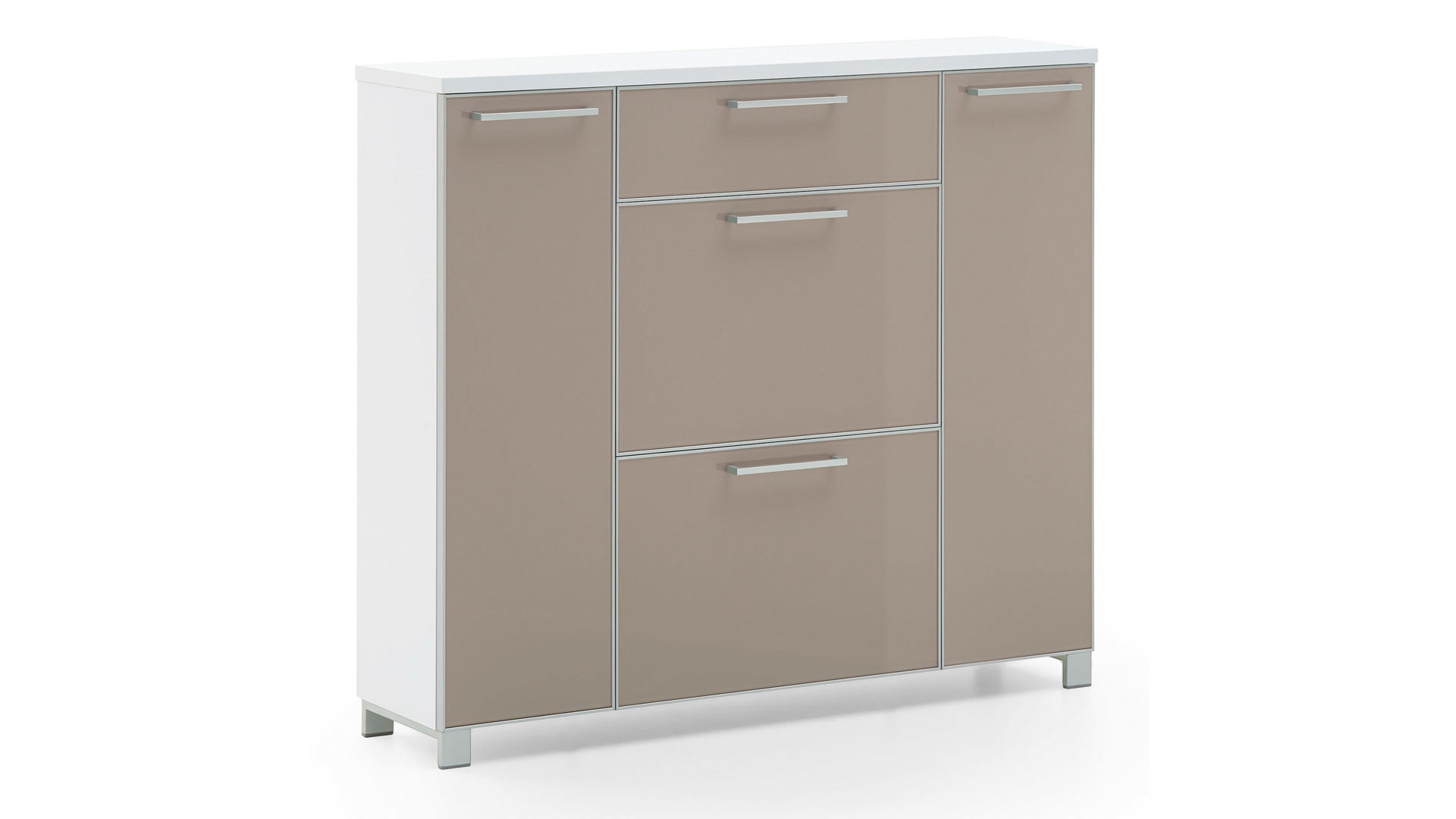 Schuhschrank Voss möebel aus Glas in Braun VOSS MÖBEL Schuhschrank Santina als Dielenmöbel weißer Lack & taupefarbenes Glas – eine Schublade, vier Türen