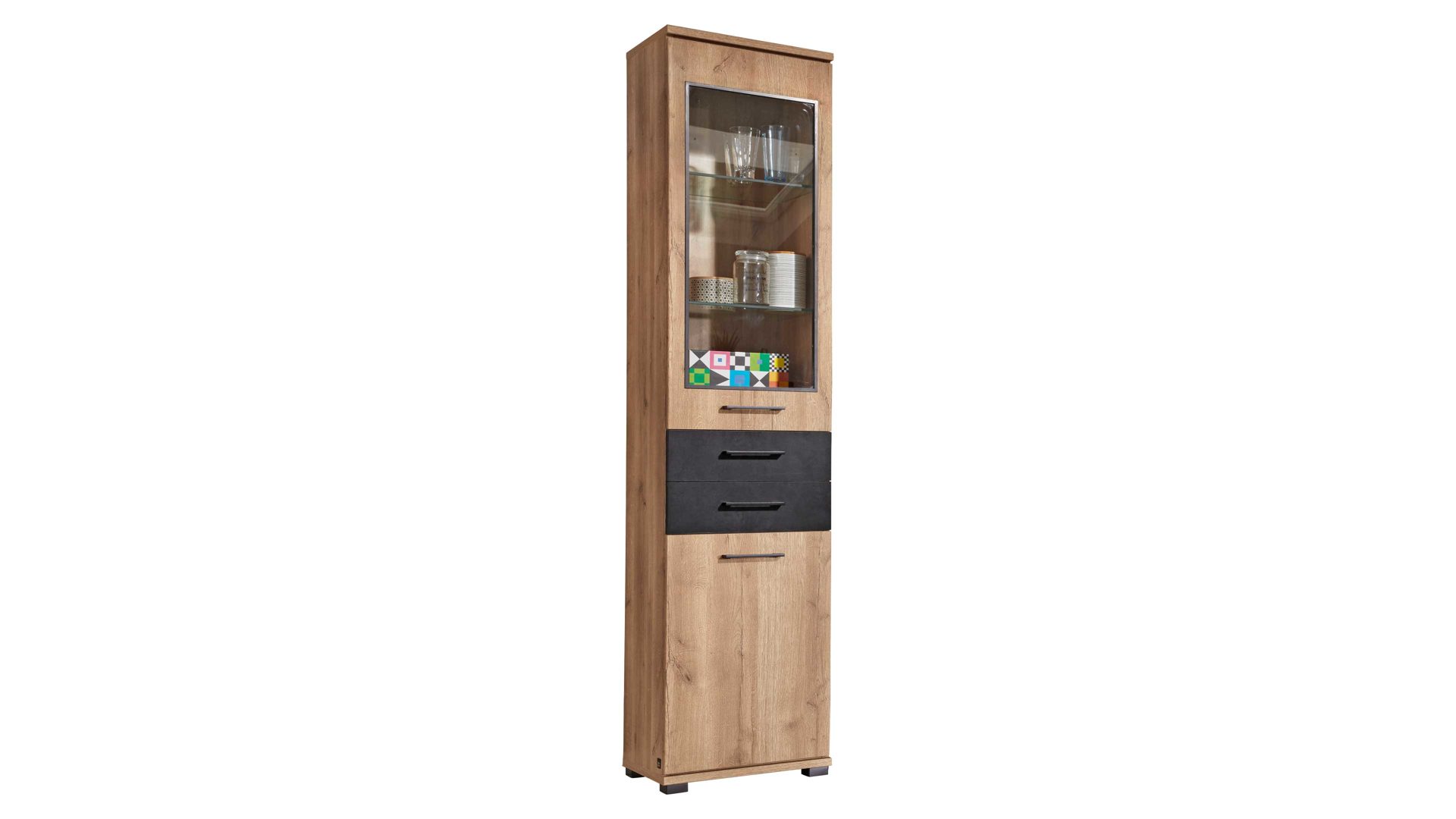 Vitrine Interliving aus Holz in Holzfarben Interliving Jugendzimmer Serie 1701 - Vitrine 5427 Riss-Eiche & Schiefer anthrazit - eine Tür, zwei Schubladen