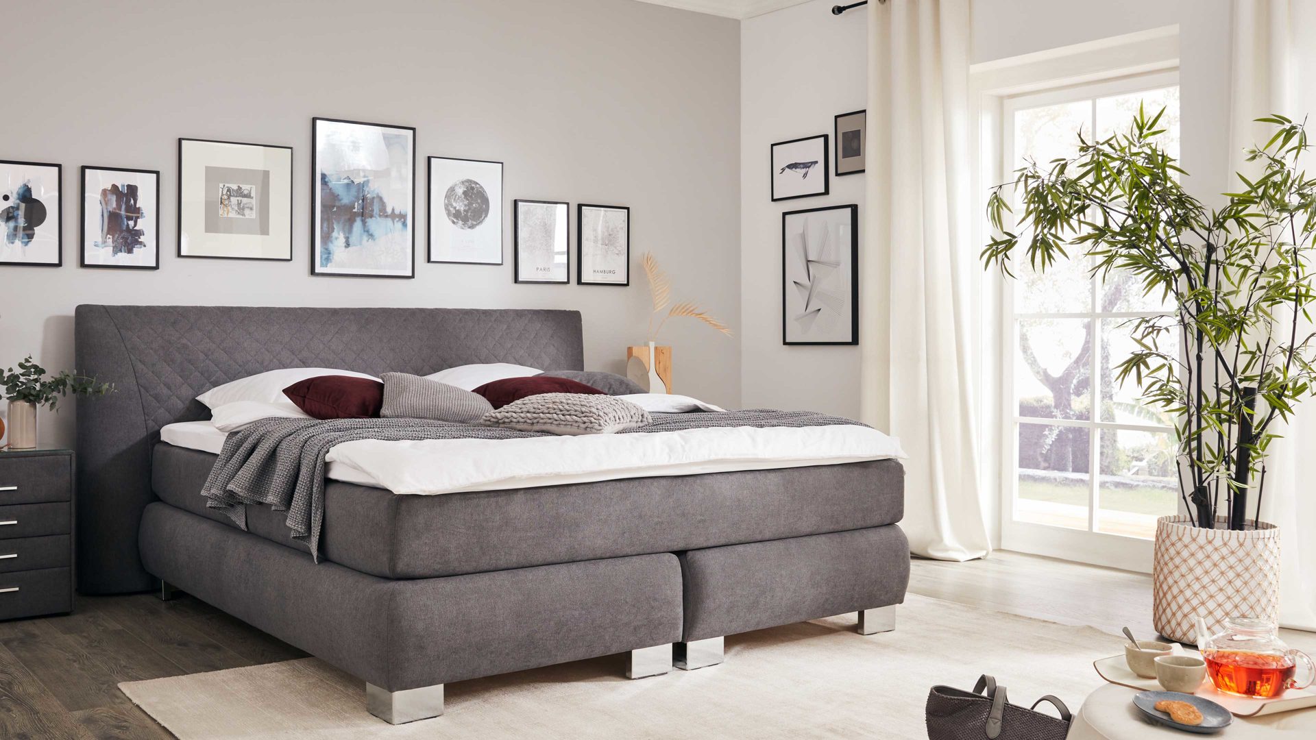 Boxspringbett comfortmaster besser sitzen, liegen, leben aus Stoff in Grau Comfortmaster Estate 2.0 - Boxspringbett graues Flachgewebe Neo 432003 – Liegefläche ca. 180 x 200 cm