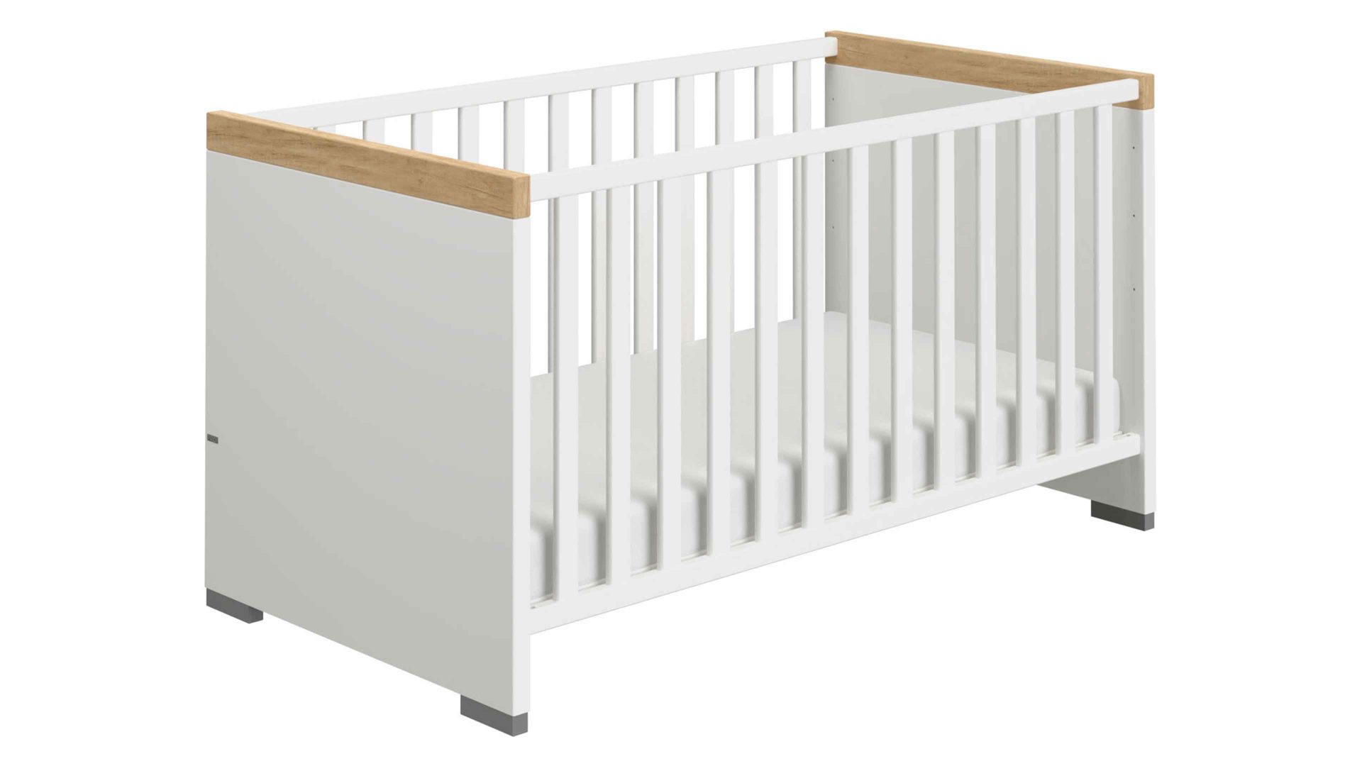 Babybett Paidi aus Holz in Holzfarben PAIDI Babyzimmer Kira  – Babybettgestell Eiche Nebraska & Kreideweiß - Liegefläche ca. 70 x 140 cm