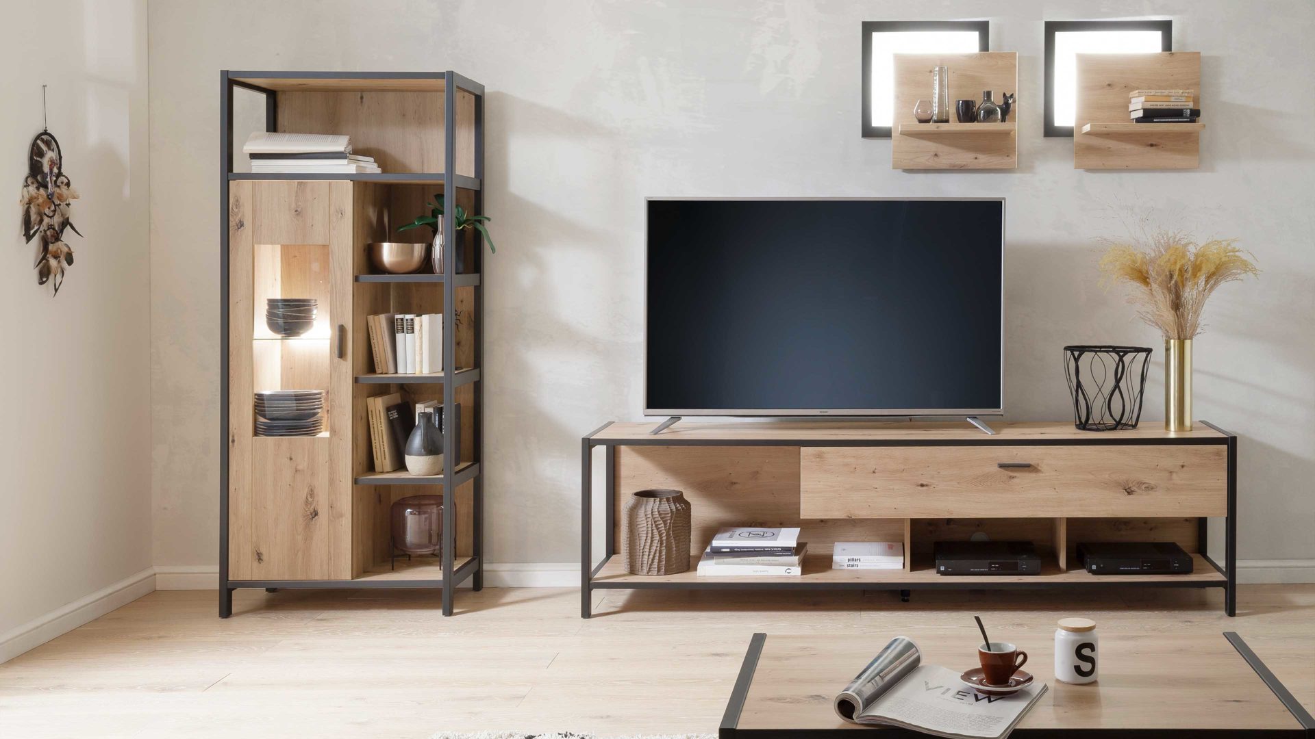 Wohnwand Mca direkt aus Holz in Holzfarben Wohnwand Algarve Balkeneiche & Anthrazit - vierteilig, Breite ca. 300 cm