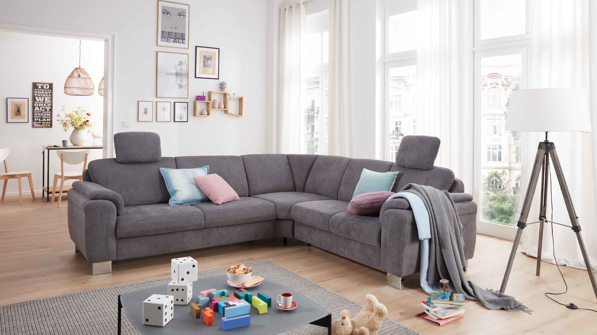 Ecksofa modulmaster aus Stoff in Grau Modulmaster MM-ZE1002 - Ecksofa graue Chenille Belle & Chromfüße - Stellfläche ca. 276 x 246 cm