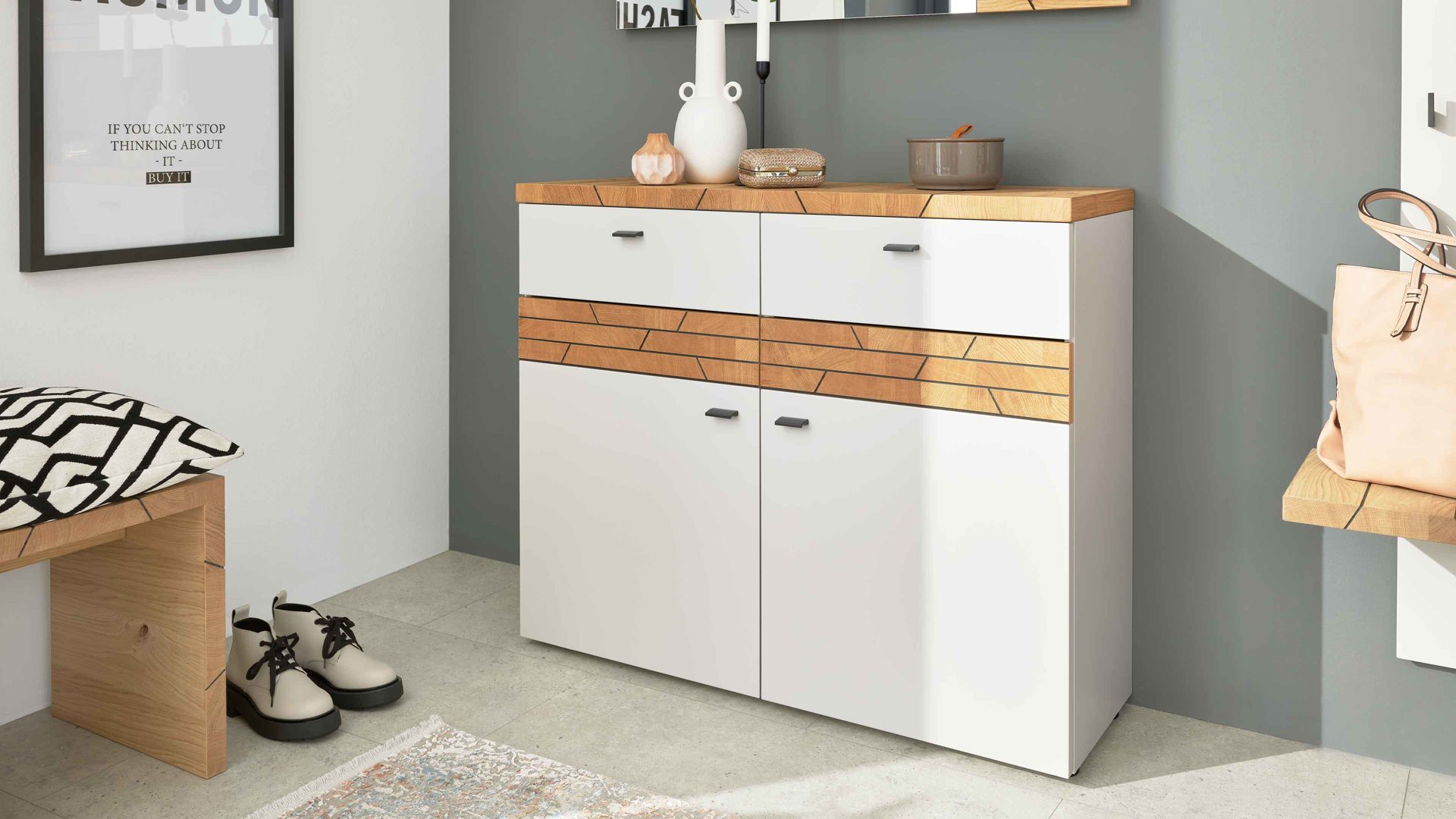 Kombikommode Interliving aus Holz in Hellgrau Interliving Garderobe Serie 6011 – Kommode 781102-11 Lichtgrau & Wildeiche - zwei Türen, zwei Schubladen