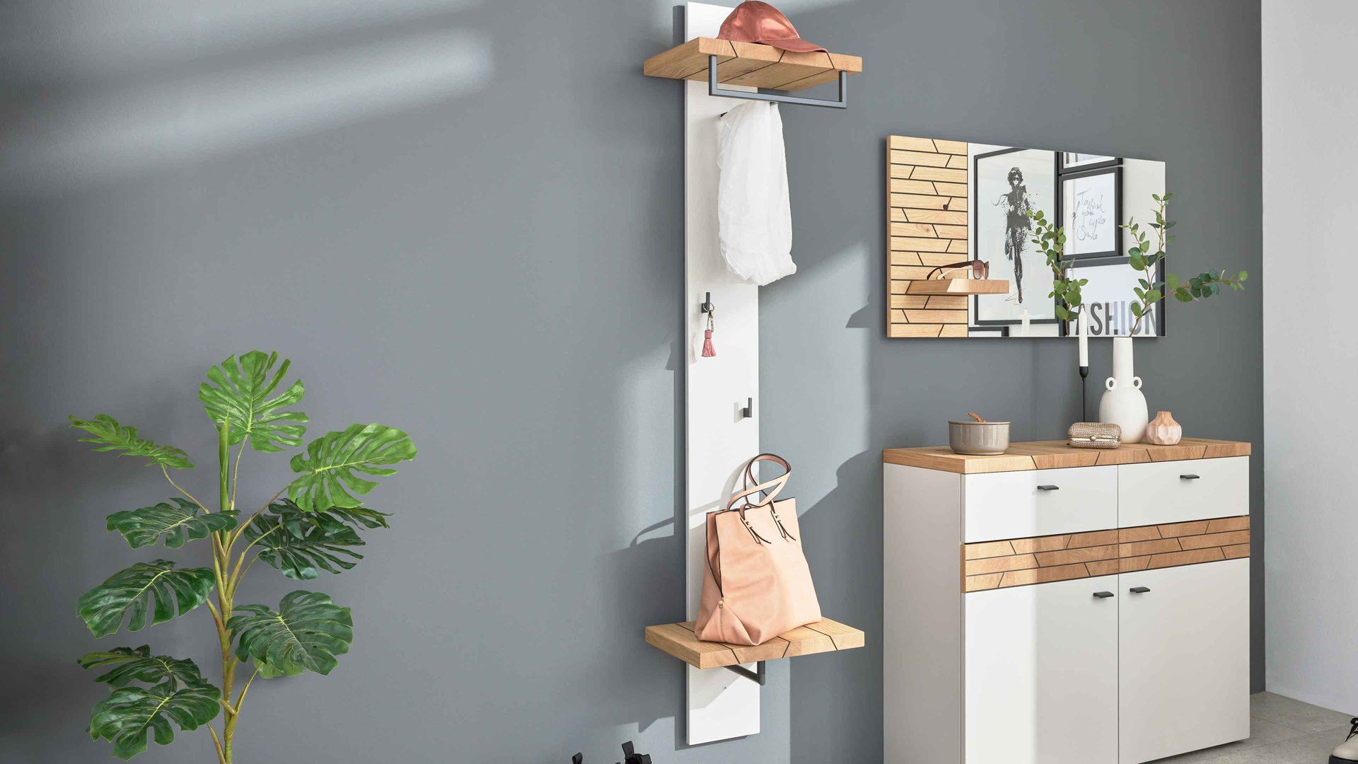 Wandgarderobe Interliving aus Holz in Hellgrau Interliving Garderobe Serie 6011 – Wandgarderobe 781904-1 Lichtgrau & Wildeiche - ca. 44 x 185 cm