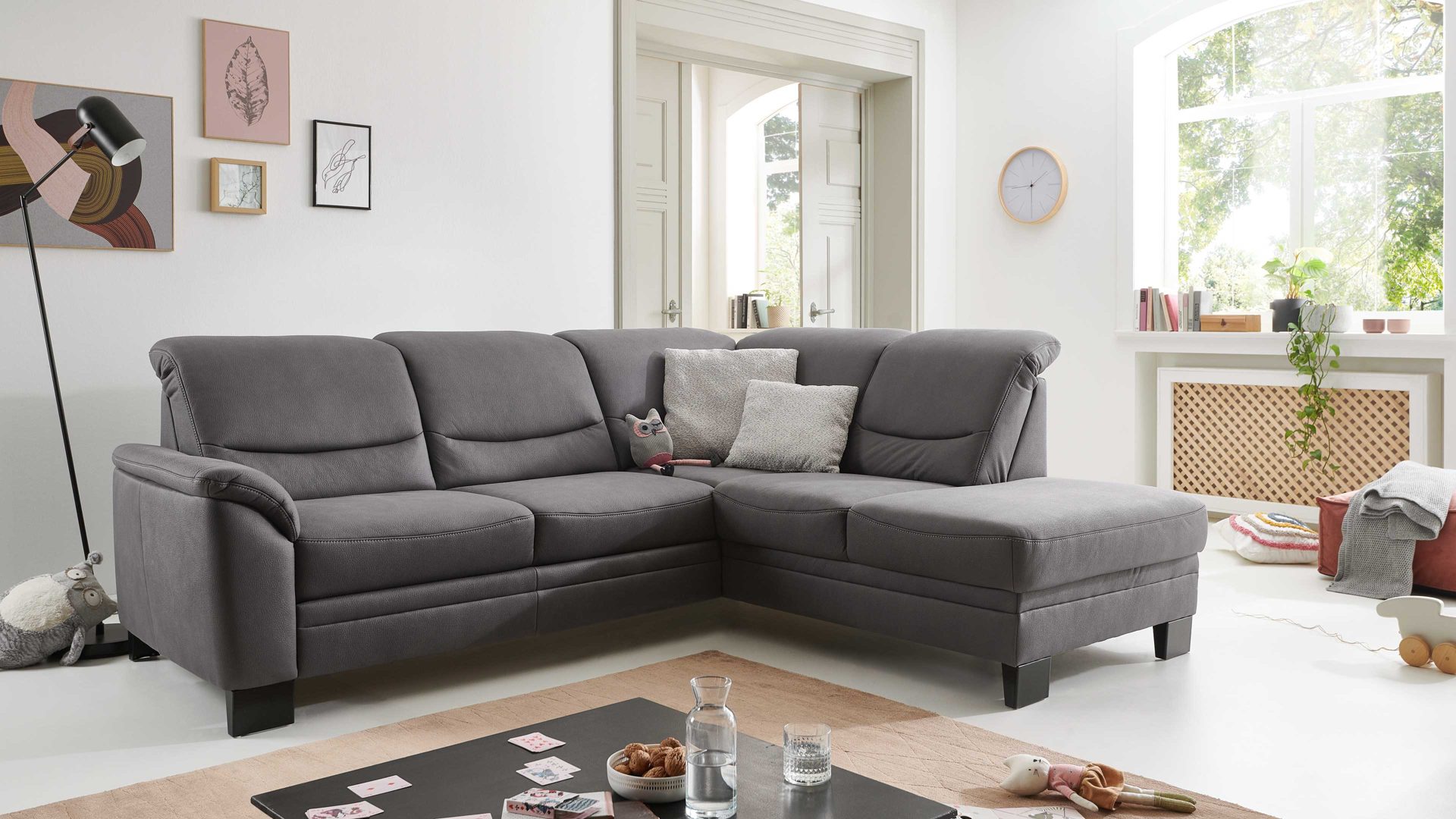 Ecksofa modulmaster aus Stoff in Grau Modulmaster MM-PP1133 - Ecksofa graue Mikrofaser Mammut & schwarze Metallfüße - Stellfläche ca. 254 x 212 cm