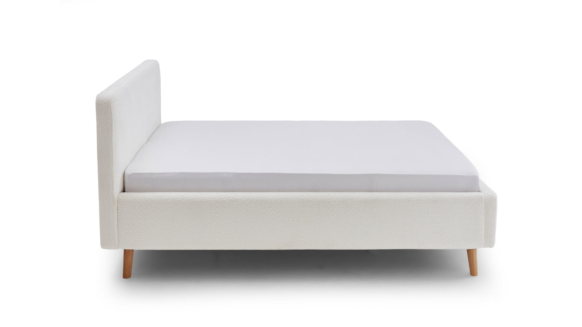 Bettgestell Meise.möbel aus Stoff in Weiß Polsterbettgestell Mattis weißer Boucle Bezug Abriamo 4 & Holzfüße - Liegefläche ca. 160 x 200 cm