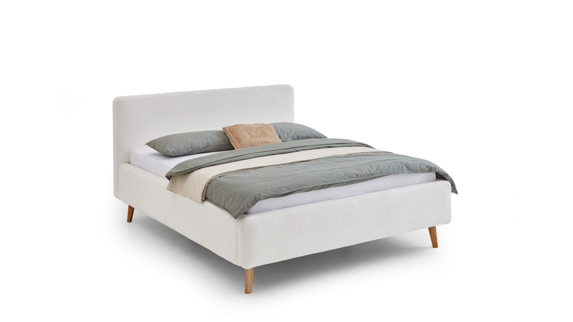 Bettgestell Meise.möbel aus Stoff in Weiß Polsterbettgestell Mattis mit Bettkasten weißer Boucle Bezug Abriamo 4 & Holzfüße - Liegefläche ca. 180 x 200 cm