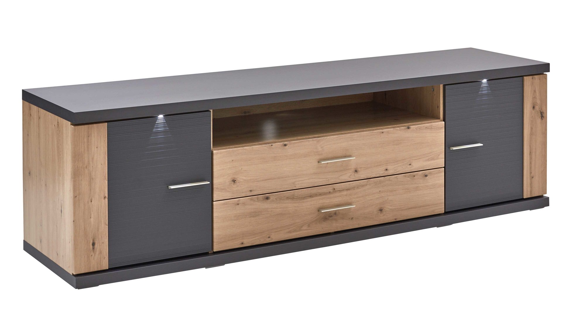 Lowboard Ideal möbel aus Holz in Dunkelgrau Medien-Lowboard Manhattan Grau & Eiche Artisan– zwei Türen, zwei Schubladen, Länge ca. 207 cm
