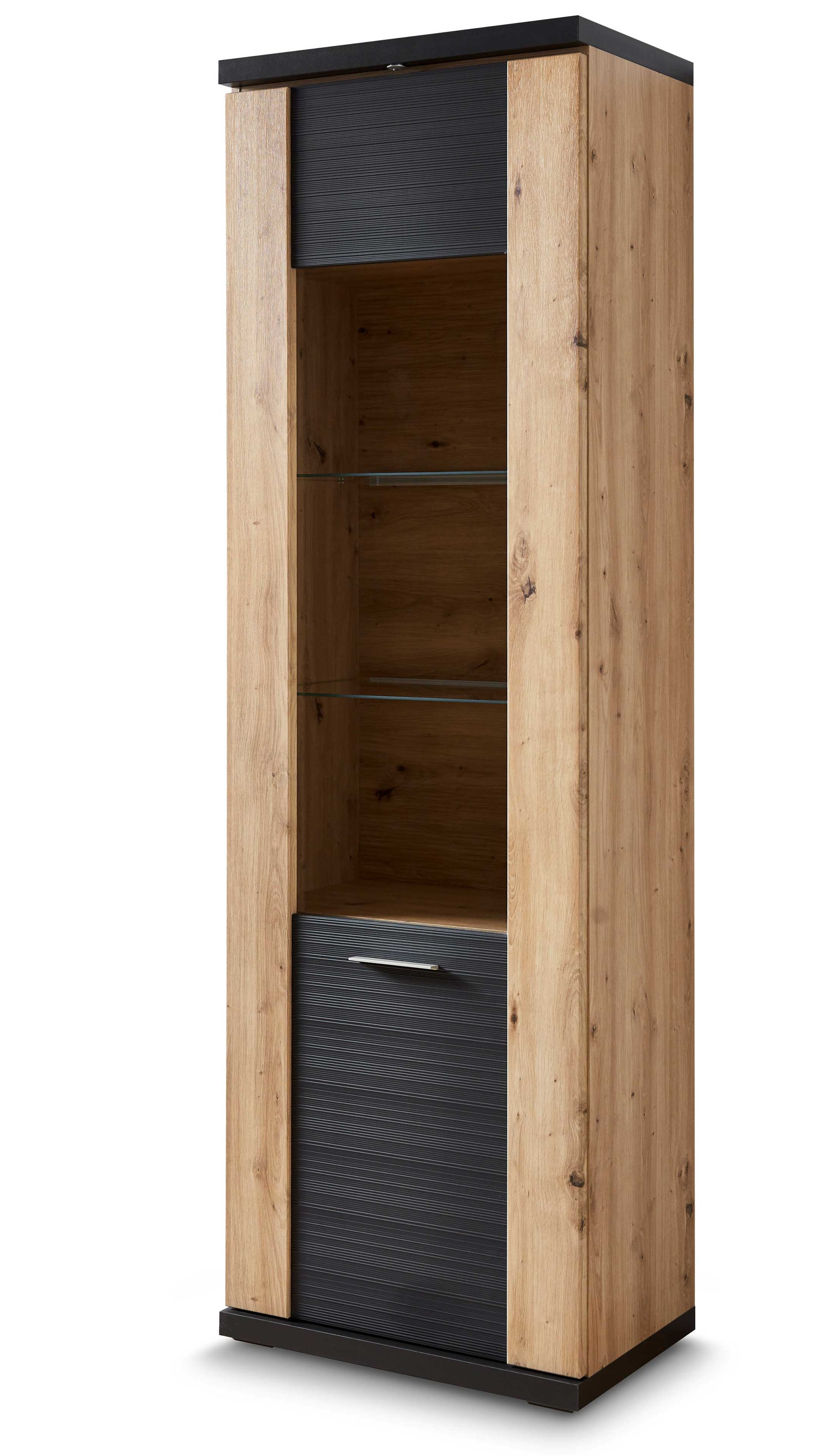 Vitrine Ideal möbel aus Holz in Dunkelgrau Vitrine Manhattan Grau & Eiche Artisan – eine Tür, links