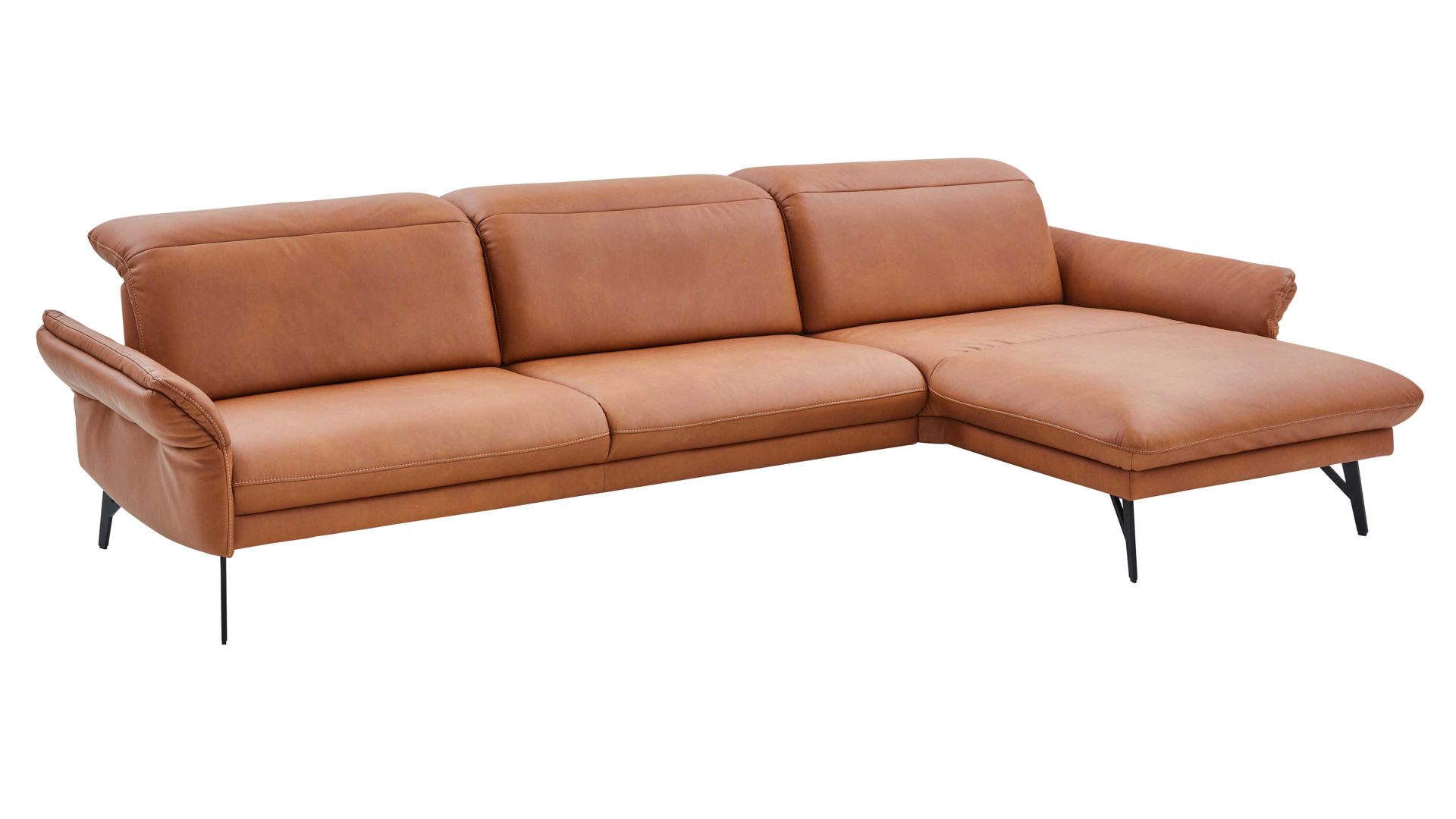 Ecksofa Himolla aus Leder in Orange himolla Polsterprogramm 1385-Promotion - Ecksofa brandyfarbenes LongLife-Leder LG24 & anthrazitfarbene Metallfüße - Stellfläche ca. 304 x 175 cm