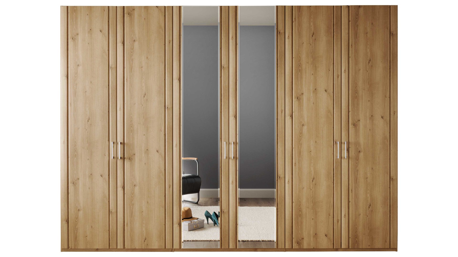 Kleiderschrank Wiemann | oeseder aus Holz in Holzfarben WIEMANN Schlafzimmerserie Mainau 2 - Kleiderschrank Bianco Eiche & Spiegel - sechs Türen, Breite ca. 300 cm