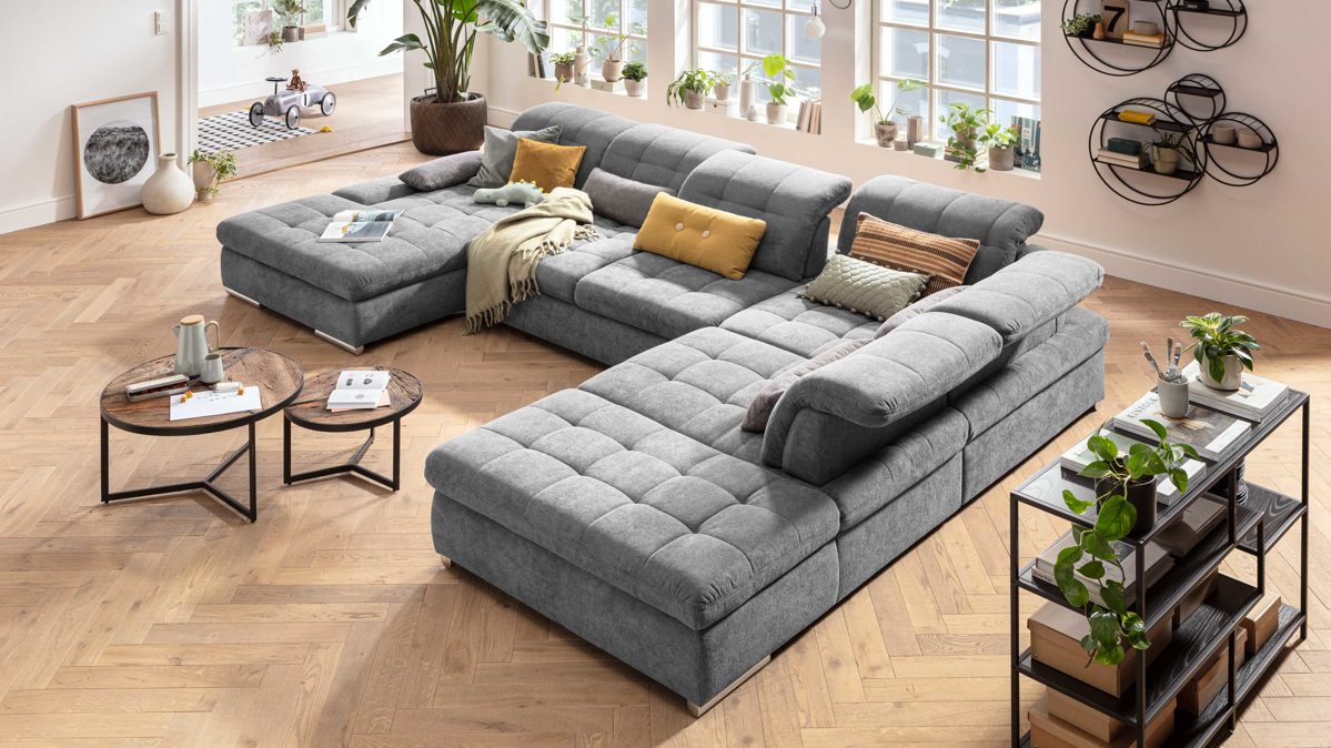 Ecksofa KAWOO aus Stoff in Grau KAWOO Serie Santa Lucia - Ecksofa bzw. Wohnlandschaft graues Flachgewebe Paris 20933 & Chromfüße – Stellfläche ca. 401 x 278 cm