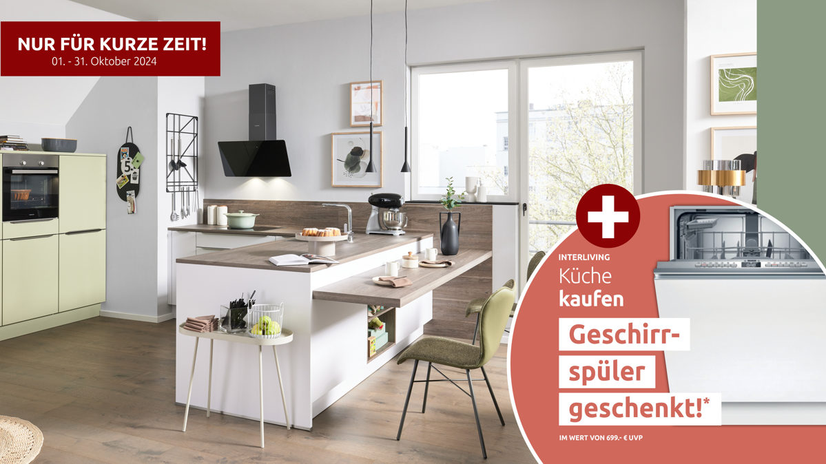 Einbauküche Interliving aus Holz in Weiß Interliving Küche Serie 3071 mit Constructa-Einbaugeräten Arcticweiß & Avocado - zweizeilig