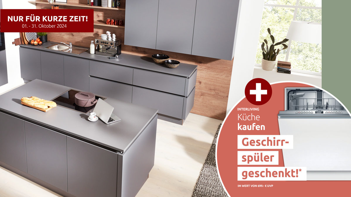 Einbauküche Interliving aus Holz in Grau Interliving Küche Serie 3030 mit SIEMENS Einbaugeräten Quarzgrau & Steineiche - dreizeilig