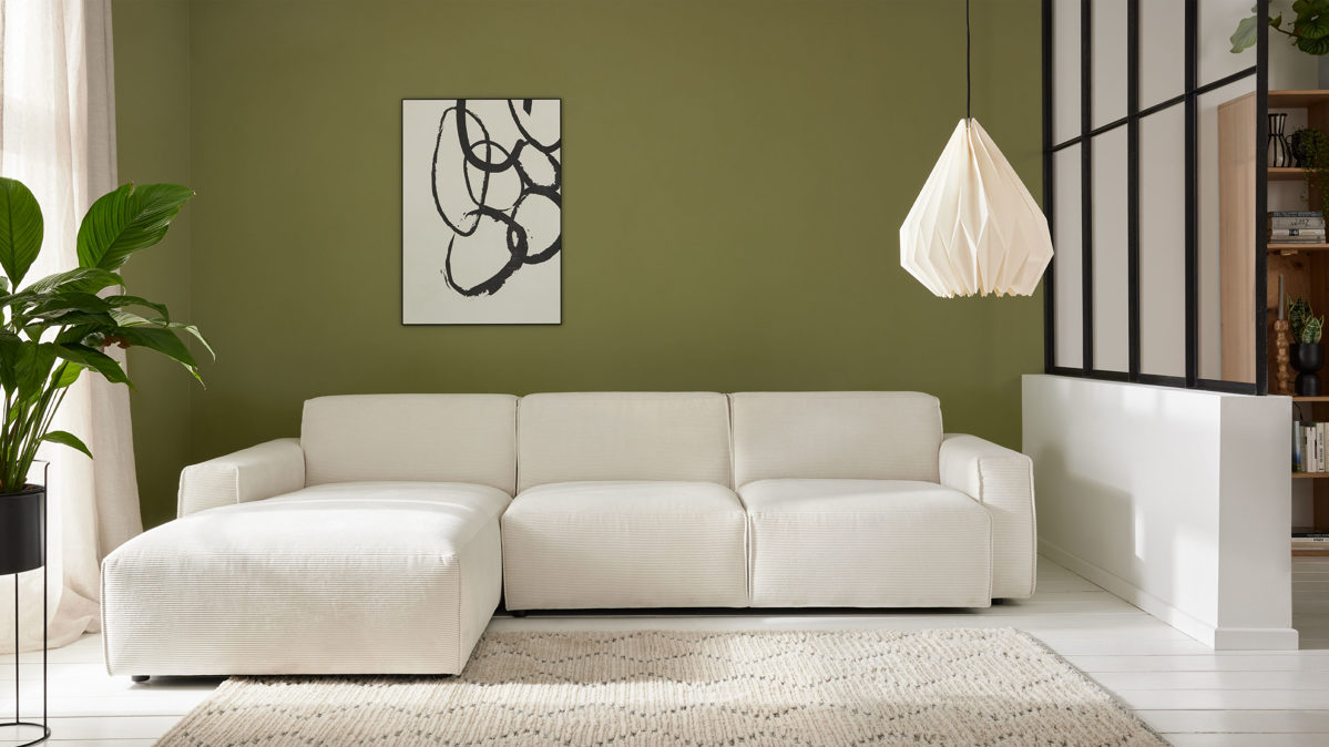 Ecksofa Roomio® aus Stoff in Weiß Roomio® No. 4100 - Ecksofa weißer Feincord - Stellfläche ca.  189 x 285 cm