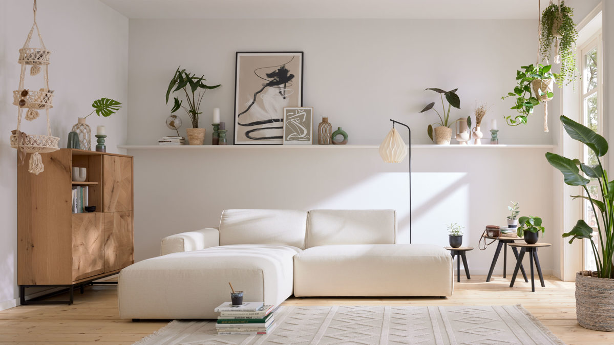 Ecksofa Roomio® aus Stoff in Weiß Roomio® No. 4100 - Ecksofa schneeweiße Chenille Trend  - Stellfläche ca.  189 x 232 cm