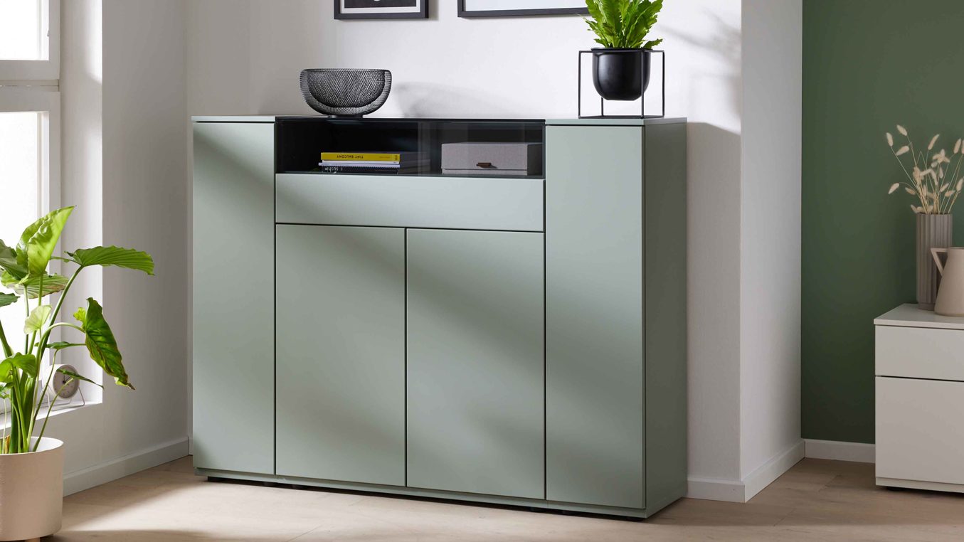 Highboard Interliving aus Holz in Grün Interliving Wohnzimmer Serie 2031 - Highboard Schilfgrün - Breite ca. 150 cm