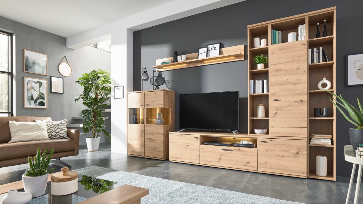 Wohnwand Interliving aus Holz in Holzfarben Interliving Wohnzimmer Serie 2110 - Wohnwand Alteiche - Breite ca. 345 cm