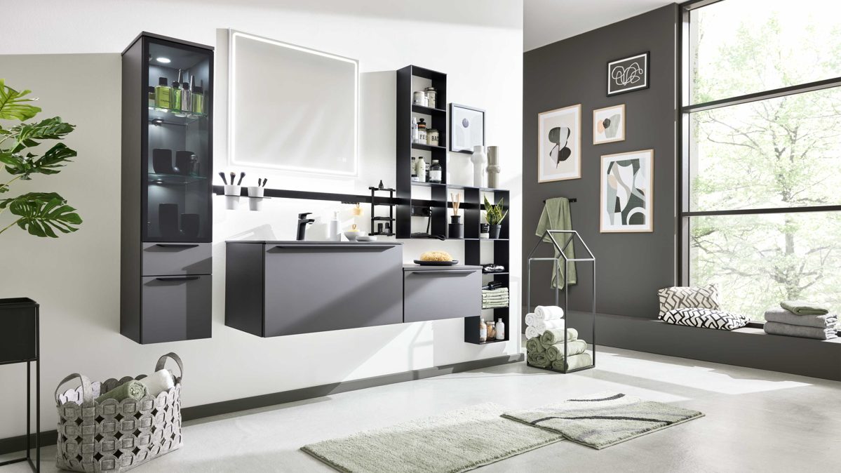 Badmöbel-Set Interliving aus Holz in Grau Interliving Bad Serie 7317 - Badmöbel-Set mit viel Zubehör Schiefergrau