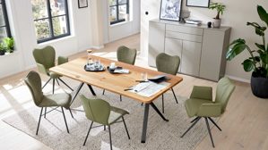 Tischgruppe Interliving aus Leder in Grün Interliving Esszimmer Serie 5115 - Essgruppe in warmen Tönen moosgrüner Webstoff Sneak 59, jadegrünes Leder LD7830, umbragraues Metall & astige Eiche