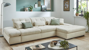 Ecksofa KAWOO aus Stoff in Weiß KAWOO Serie Santa Lucia - Ecksofa bzw. Polstermöbel cremeweißer Breitcord & schwarze Holzfüße - Stellfläche ca. 305 x 199 cm