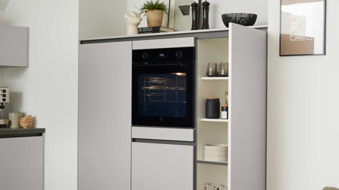 Einbauküche culineo® aus Holz in Hellgrau Culineo® Einbauküche C615 mit Einbaugeräten Seiden- & Schiefergrau - Stellfläche ca. 240 x 270 cm