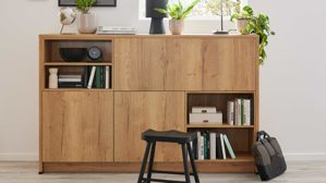 Einbauküche Interliving aus Holz in Dunkelgrau Interliving Küche Serie 3093 mit separater Homeoffice-Lösung Graphit & Eiche Venture - dreizeilig