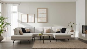 Ecksofa Interliving aus Stoff in Creme Interliving Sofa Serie 4304 – Wohnlandschaft ecrufabener Bezug Macan & silberfarbener Bezug Vera – Stellfläche ca. 243 x 357 cm