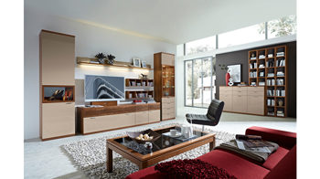 Wohnwand Rietberger möbelwerke | rmw aus Holz in Beige Venue Wohnkombination cappuccinofarbene Lackoberflächen & Nussbaum – Breite ca. 375 cm