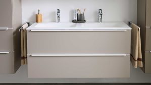 Waschtisch-Set / Waschbecken-Set Interliving aus Holz in Beige Interliving Bad Serie 3710 - Waschplatzlösung mit Doppelwaschbecken Macchiato & Weiß - Länge ca. 120 cm