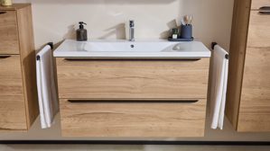 Waschtisch-Set / Waschbecken-Set Interliving aus Holz in Holzfarben Interliving Bad Serie 3730 - Waschplatzlösung mit Keramikbecken Eiche Sierra & Weiß - Länge ca. 100 cm