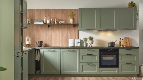 Einbauküche culineo® aus Holz in Grün Culineo® Einbauküche C684 mit Einbaugeräten Schilf, Eiche Sierra & Schwarz - zweizeilig