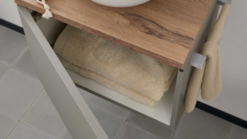 Waschtisch-Set / Waschbecken-Set Interliving aus Holz in Grau Interliving Bad Serie 3715 - Waschtisch-Kombination Taupegrau, Viking Oak & Weiß - eine Tür, Breite ca. 50 cm