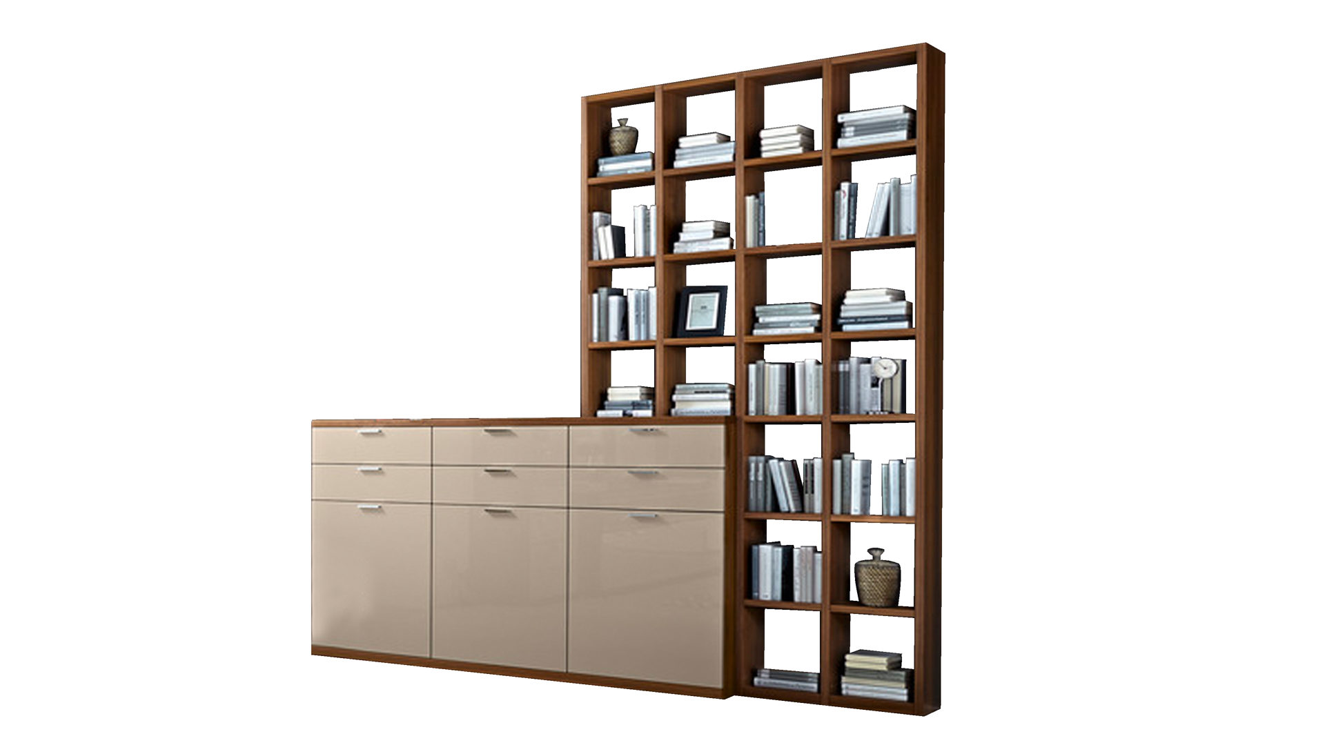 Wohnwand Rietberger möbelwerke | rmw aus Holz in Beige Venue Wohnkombination cappuccinofarbene Lackoberflächen & Nussbaum – Breite ca. 243 cm