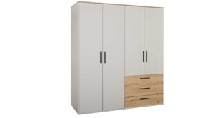 Kleiderschrank Interliving aus Holz in Hellgrau Interliving Jugendzimmer Serie 1702 - Kleiderschrank Sandgrau & Artisan Eiche - vier Türen, drei Schubladen, Breite ca. 187 cm