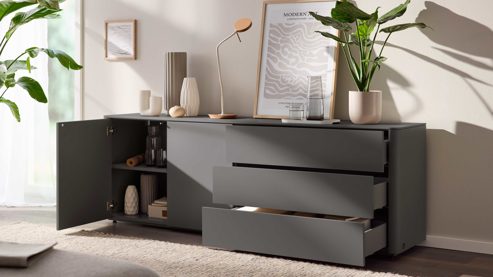 Sideboard Interliving aus Holz in Dunkelgrau Interliving Wohnzimmer Serie 2035 - Sideboard dunkelgrauer Mattlack - drei Schubladen, zwei Türen, Länge ca. 200 cm