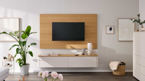 Wohnwand Interliving aus Holz in Holzfarben Interliving Wohnzimmer Serie 2035 - TV-Wand beiger Mattlack & Eiche - zweiteilig, Länge ca. 200 cm