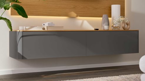 Lowboard Interliving aus Holz in Holzfarben Hell Interliving Wohnzimmer Serie 2035 - Lowboard dunkelgrauer Mattlack & Eiche - eine Klapptür, eine Schublade, Länge ca. 200 cm