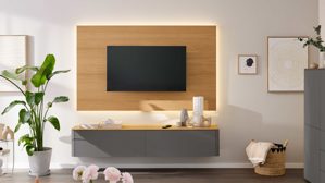 Wohnwand Interliving aus Holz in Dunkelgrau Interliving Wohnzimmer Serie 2035 - TV-Wand dunkelgrauer Mattlack & Eiche - zweiteilig, Länge ca. 200 cm