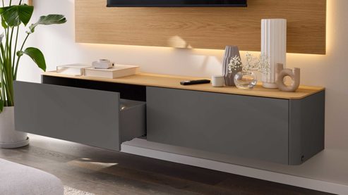 Wohnwand Interliving aus Holz in Dunkelgrau Interliving Wohnzimmer Serie 2035 - TV-Wand dunkelgrauer Mattlack & Eiche - zweiteilig, Länge ca. 200 cm