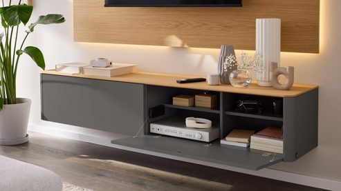 Wohnwand Interliving aus Holz in Dunkelgrau Interliving Wohnzimmer Serie 2035 - TV-Wand dunkelgrauer Mattlack & Eiche - zweiteilig, Länge ca. 200 cm