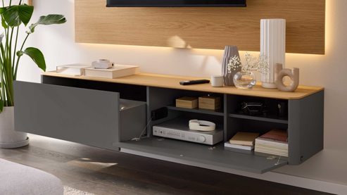 Wohnwand Interliving aus Holz in Dunkelgrau Interliving Wohnzimmer Serie 2035 - TV-Wand dunkelgrauer Mattlack & Eiche - zweiteilig, Länge ca. 200 cm