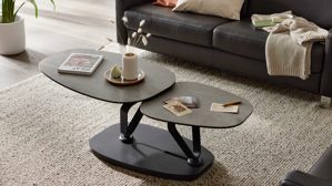 Couchtisch Interliving aus Keramik in Grau Interliving Couchtisch Serie 6233 silberfarbene Keramik & schwarzer Stahl - 90-149 x 60 cm