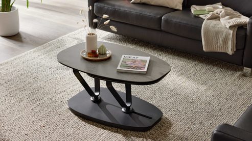 Couchtisch Interliving aus Keramik in Grau Interliving Couchtisch Serie 6233 silberfarbene Keramik & schwarzer Stahl - 90-149 x 60 cm