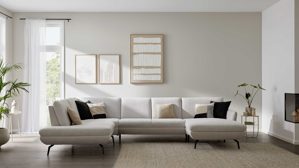 Ecksofa Interliving aus Stoff in Creme Interliving Sofa Serie 4304 – Wohnlandschaft ecrufabener Bezug Macan & silberfarbener Bezug Vera – Stellfläche ca. 243 x 357 cm