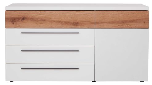 Kombikommode Interliving aus Holz in Weiß Interliving Schlafzimmer Serie 1025 – Kombikommode Weiß & Balkeneiche gehackt - vier Schubladen, eine Tür